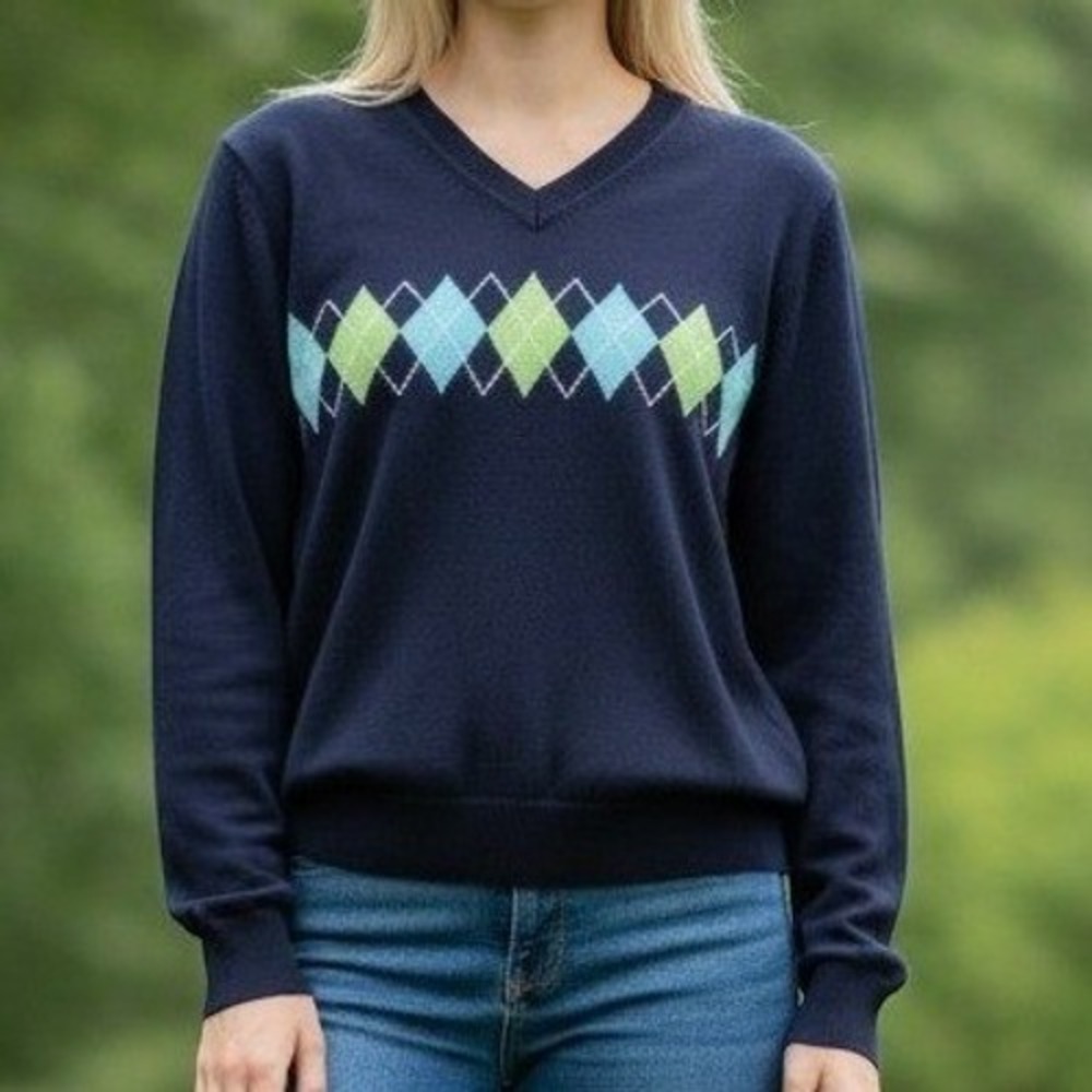 John Ashford Sweater M Unisex Navy Blue Excellent Argyle V-Neck Cotton Knit